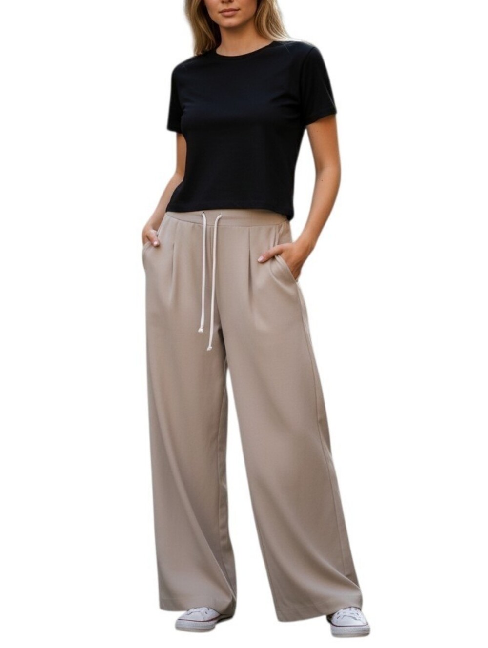 Like New ZARA Wide-Leg Drawstring Pants  Stone‎ Taupe Size S